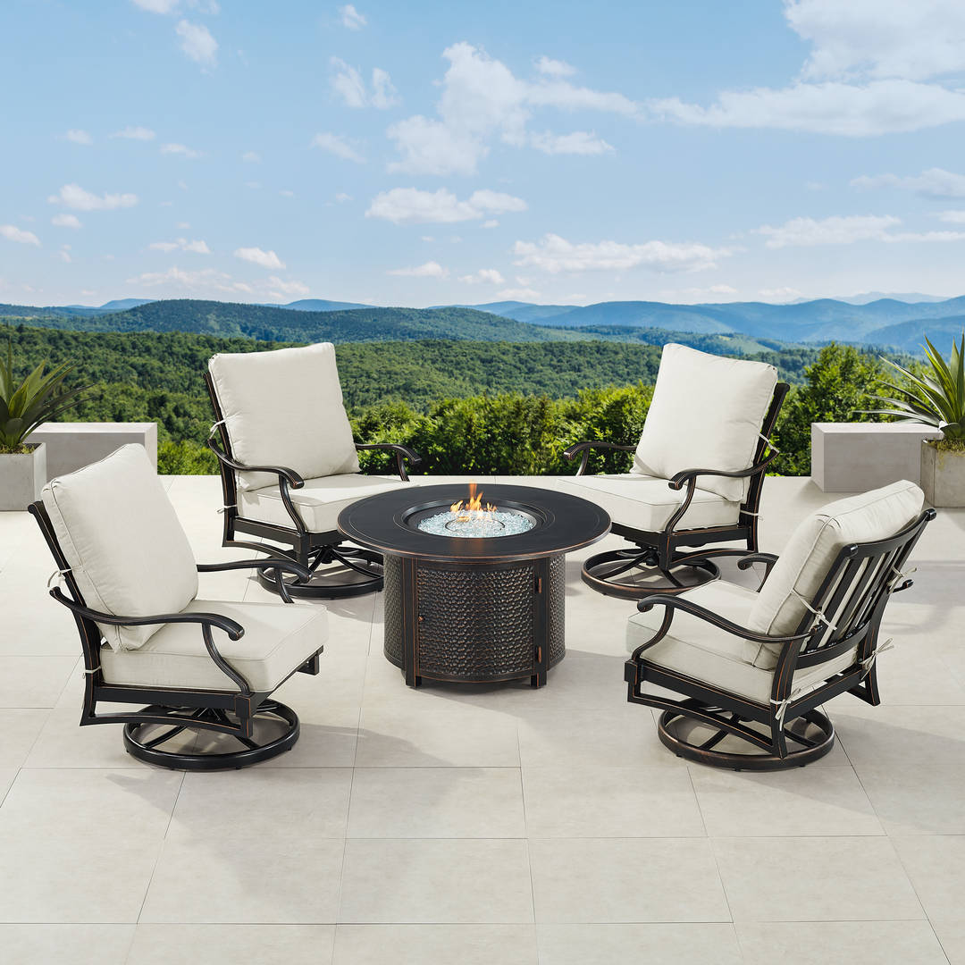Black Aluminum Patio Fire Table Set with Four Club Chairs