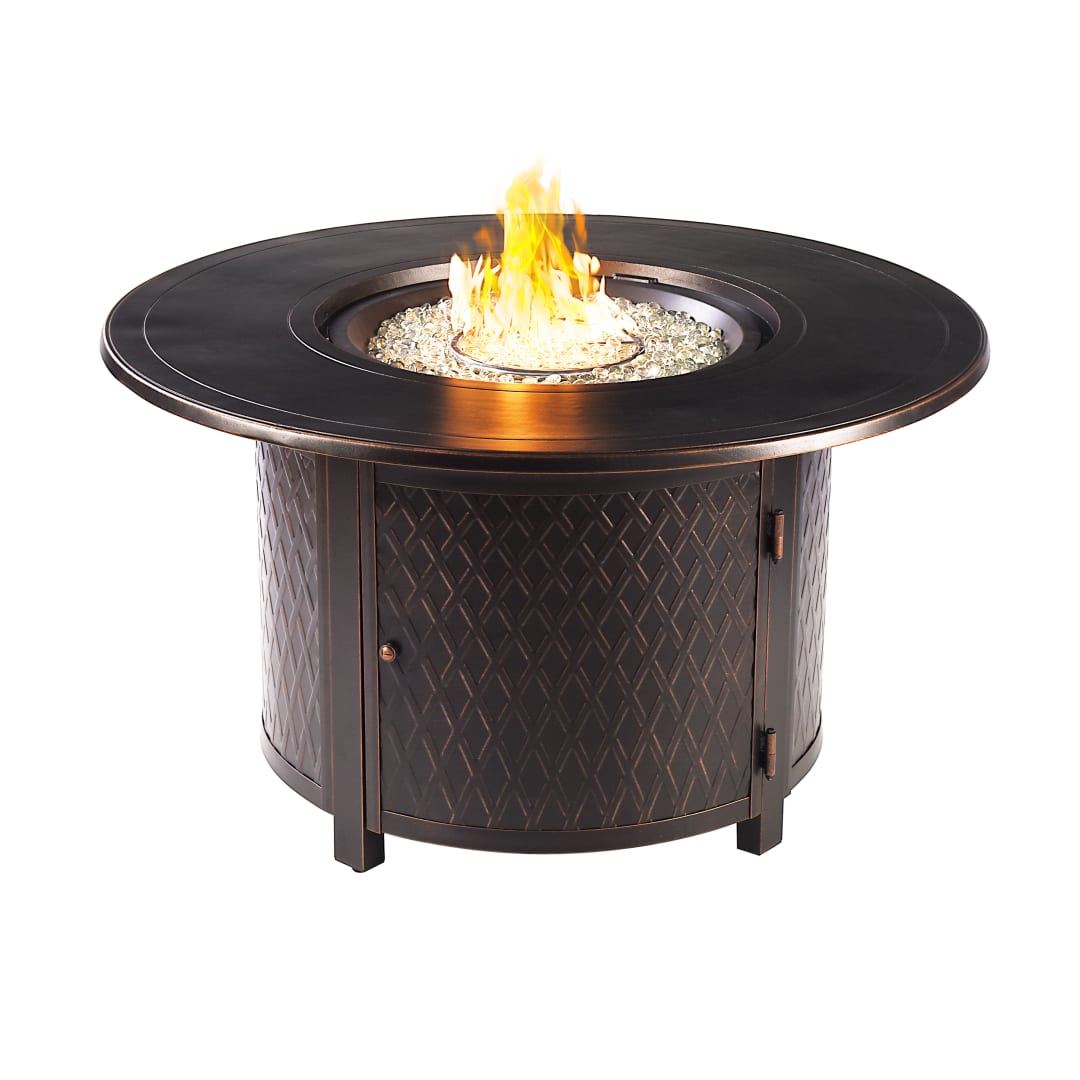 Round 44 in. x 44 in. Aluminum Propane Fire Pit Table with Glass Beads, Two Covers, Lid, 55,000 BTUs in Copper Finish