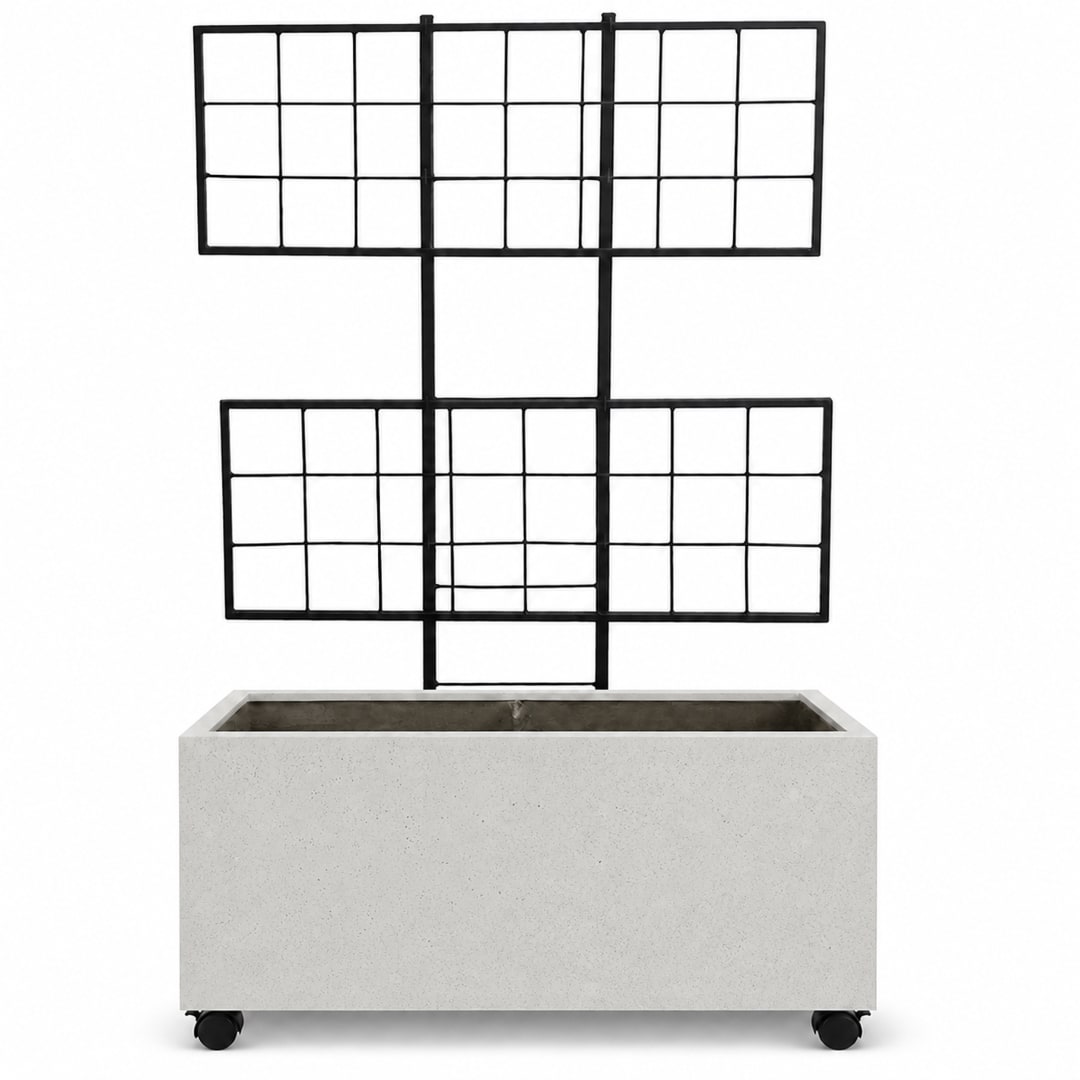 Wide Smooth Polystone Rectangular Planter with Steel Trellis and Wheels, White