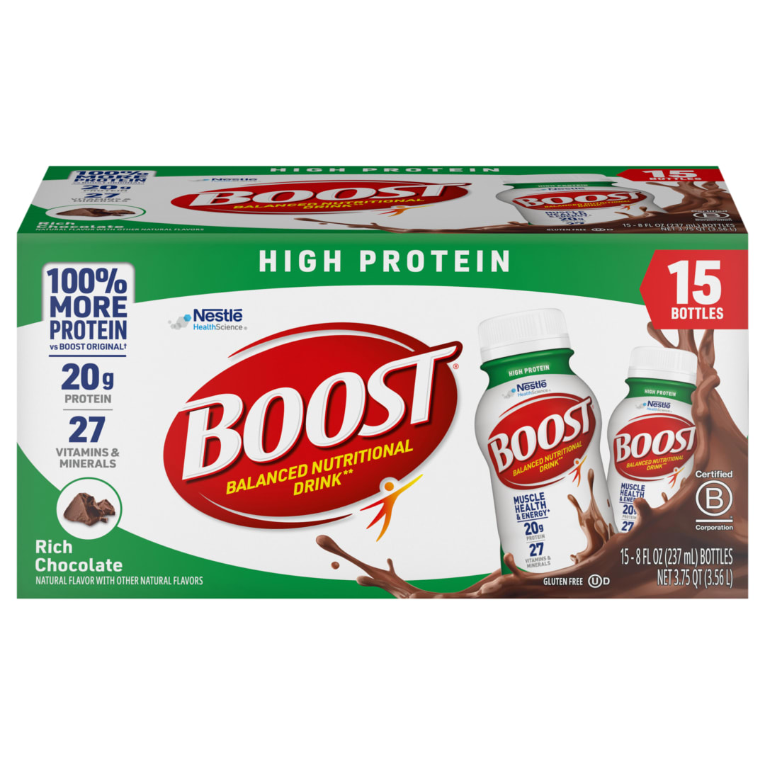 BOOST 20g High Protein Nutritional Drink Shakes, Rich Chocolate, 8 fl oz, 15 Pack