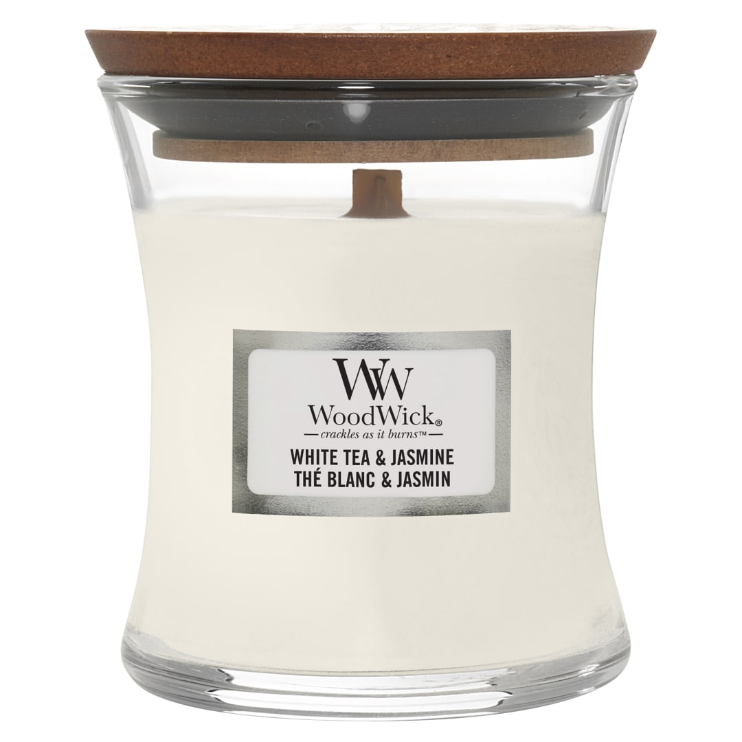 WoodWick Vela perfumada con mecha crepitante | Vela mini Hourglass de té blanco y jazmín | Hasta 20 horas de duración | Regalo perfecto para mujeres