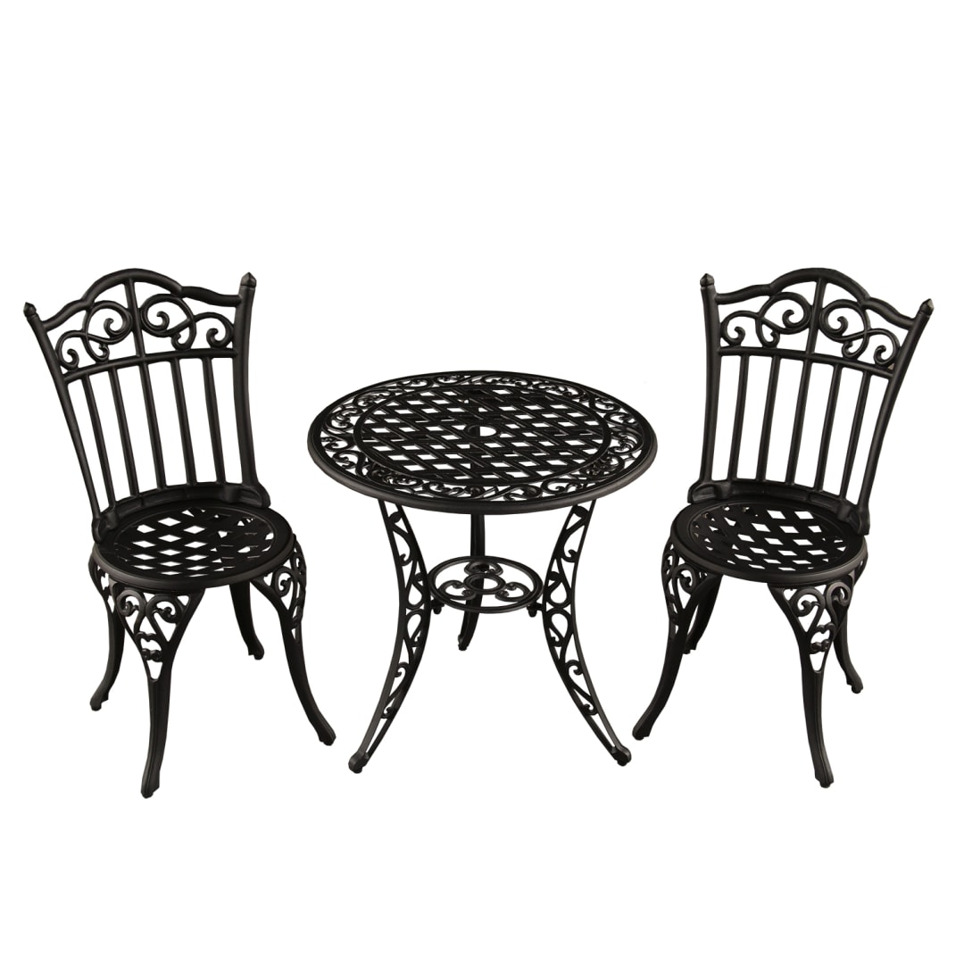 Ornate Traditional Outdoor Patio Garden Aluminum 3 Piece Bistro Set in Sand Black