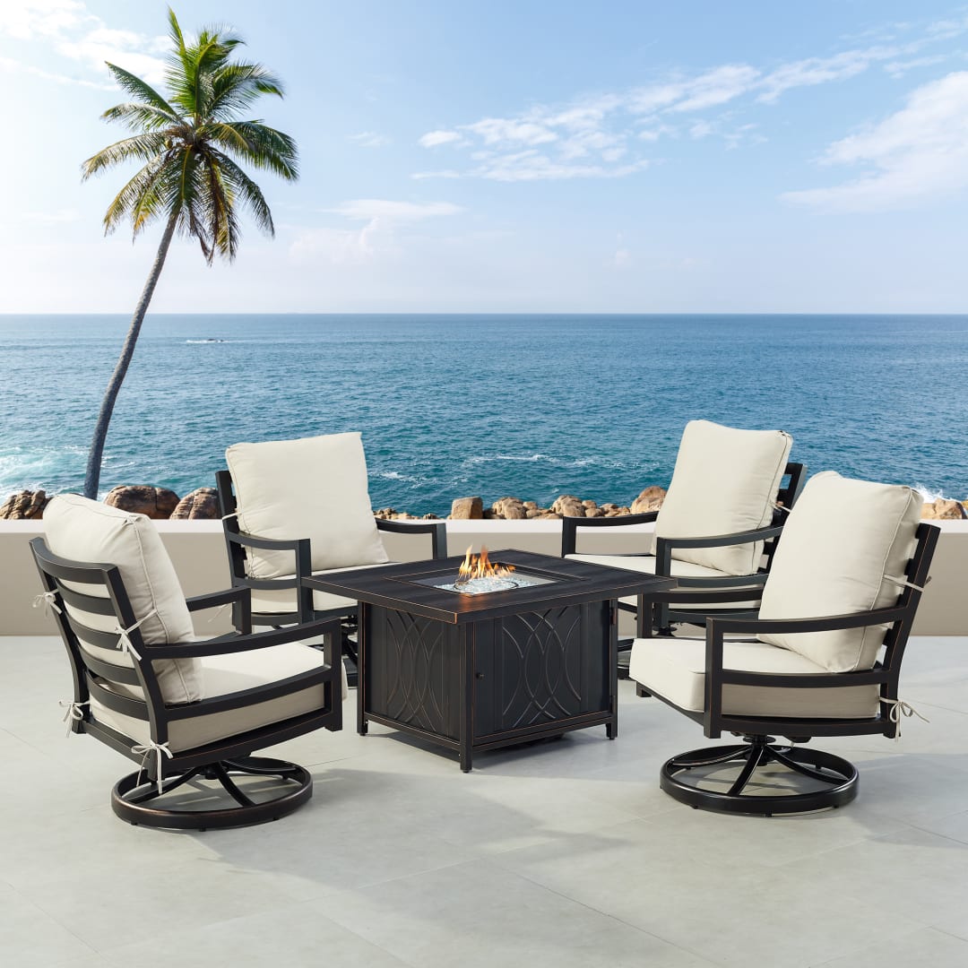 Black Aluminum Patio Fire Table Set with Four Club Chairs