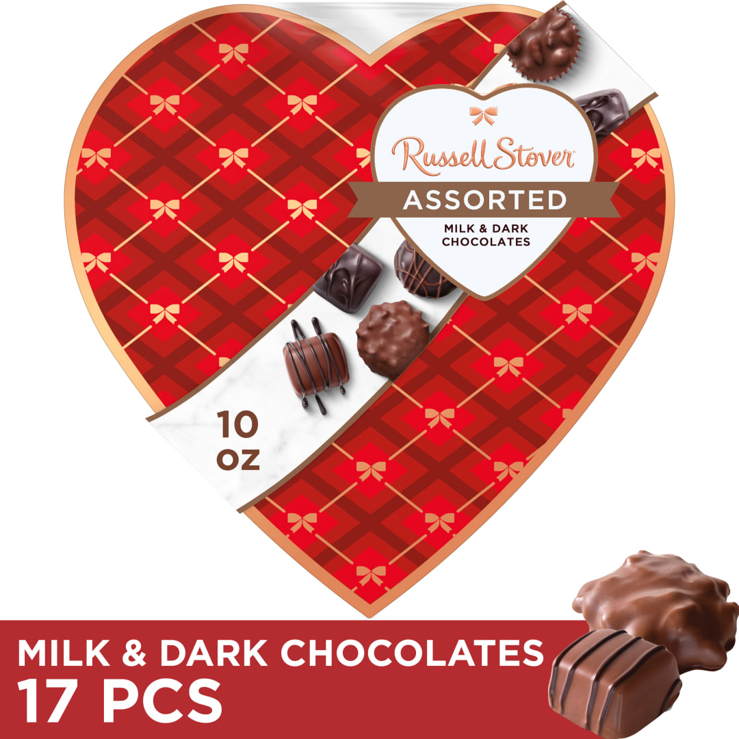 RUSSELL STOVER Valentine's Day Plaid Heart Assorted Milk Chocolate Candy Gift Box, 10 oz.