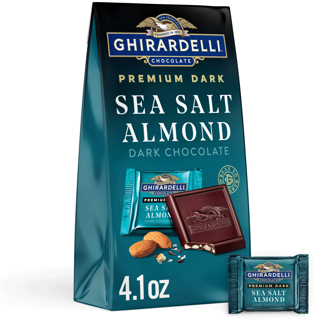 GHIRARDELLI PREMIUM DARK Sea Salt Almond Dark Chocolate SQUARES, 4.1 oz Bag