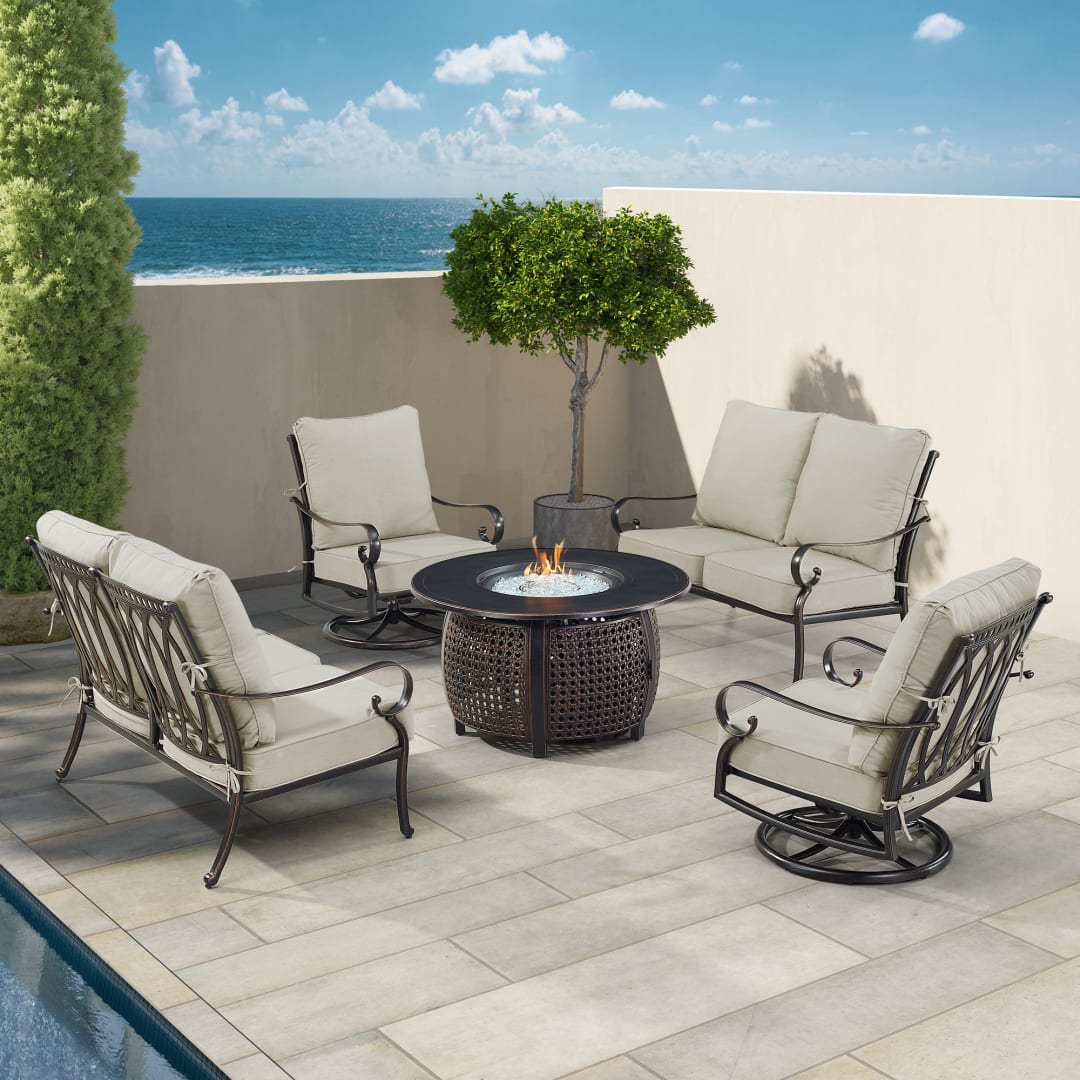 Black Aluminum Patio Fire Table Set with Two Deep Seating Loveseat with Cushions and Two Club Chairs