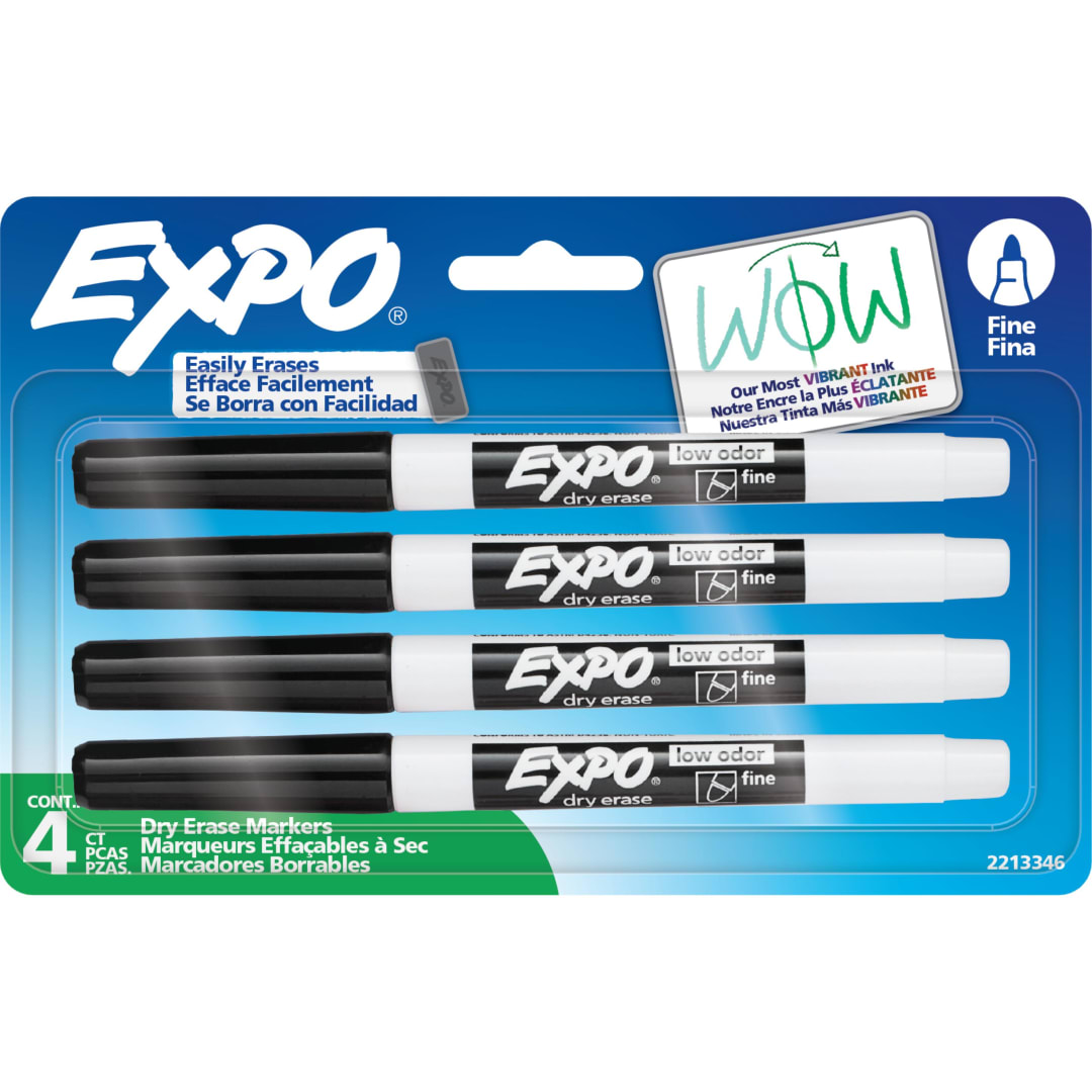 EXPO Dry Erase Markers, Low Odor Ink, Black, Fine Tip, 4 Count