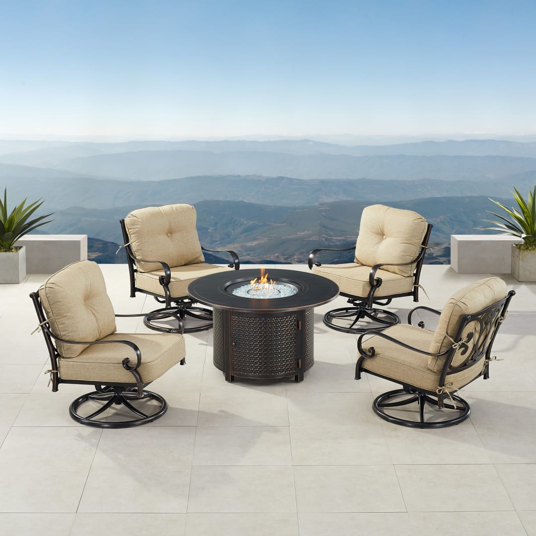 Black Aluminum Patio Fire Table Set with Four Club Chairs