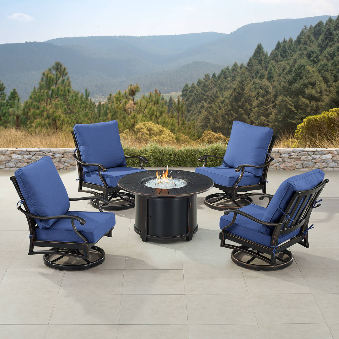 Black Aluminum Patio Fire Table Set with Four Club Chairs