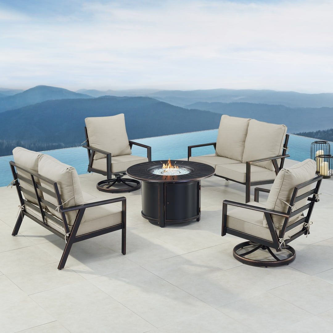 Black Aluminum Patio Fire Table Set with Two Deep Seating Loveseat with Cushions and Two Club Chairs