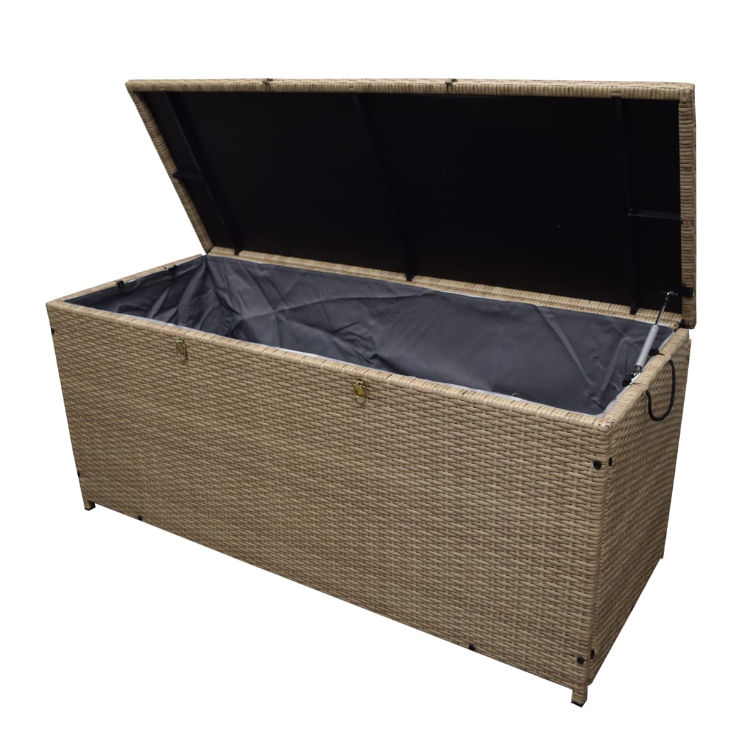 Tan Indoor and Outdoor Balcony Patio Deck Porch Pool 113 Gallon Wicker Storage Box Trunk Bin with Metal Frame