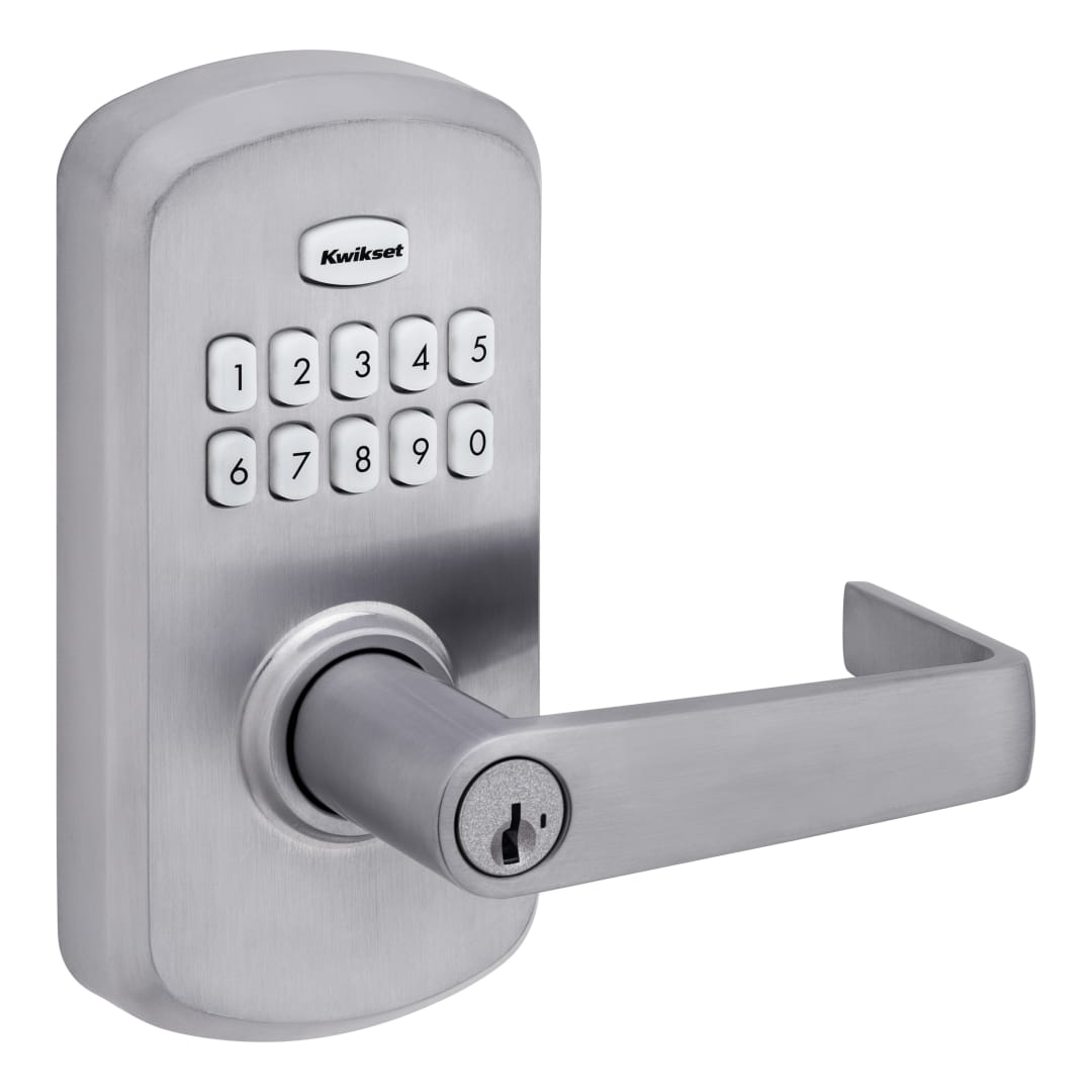 Kwikset SmartCode 955 Kingston SC1-Keyway Light Commercial 10-Button Keypad Satin Chrome Electronic Lever, Featuring Convenient Keyless Entry, 3-Year Battery Life and High Traffic Durability