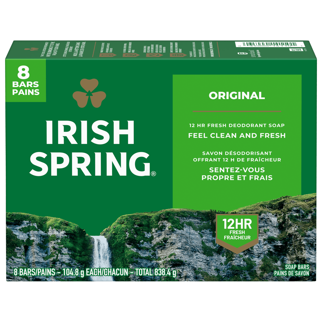 Pain de savon désodorisant Irish Spring Original pour homme, Avec huile de lin, Savon désodorisant offrant 12 heures de fraîcheur, Pain de 104,8 g (lot de 8)