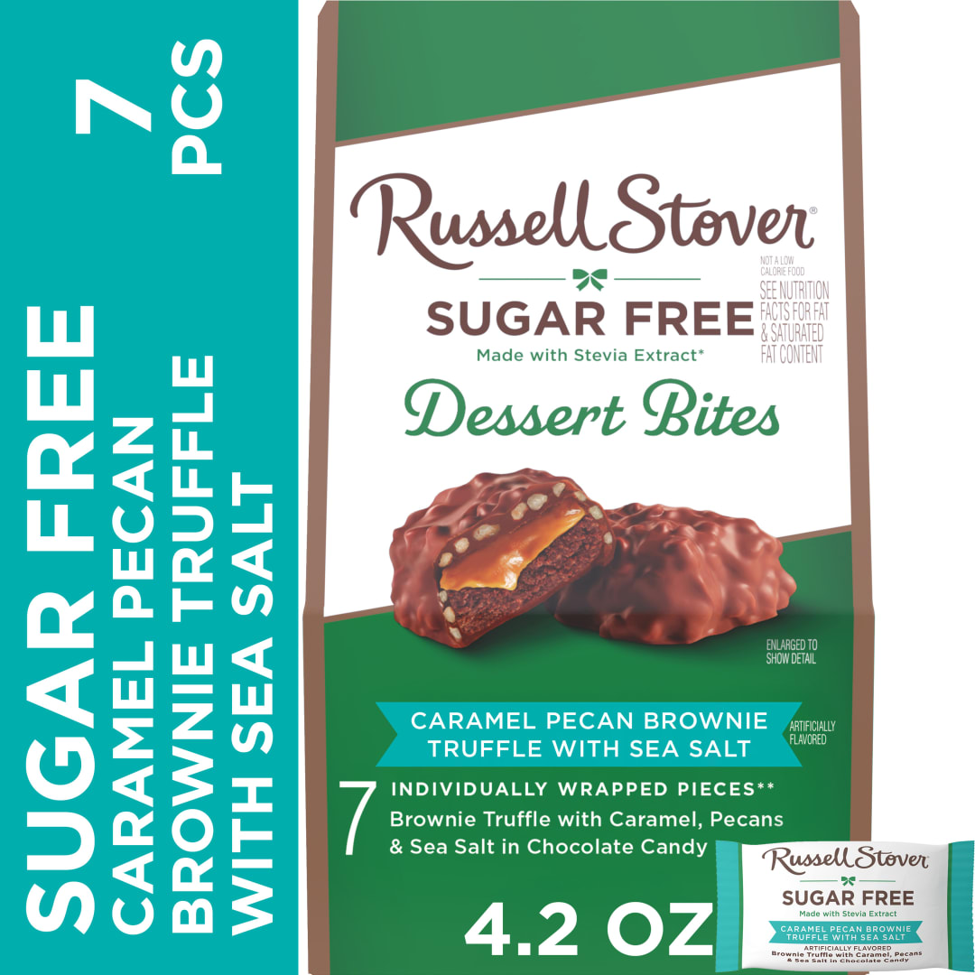 RUSSELL STOVER Sugar Free Dessert Bites in Caramel Pecan Brownie Truffle with Sea Salt in Chocolate Candy, 4.2 oz.