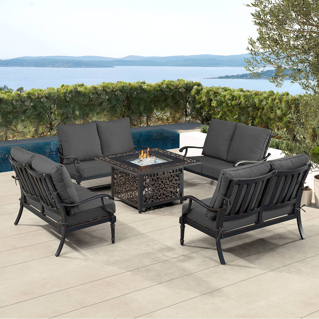 Black Aluminum Patio Fire Table Set with Four Deep Seating Loveseat with Cushions