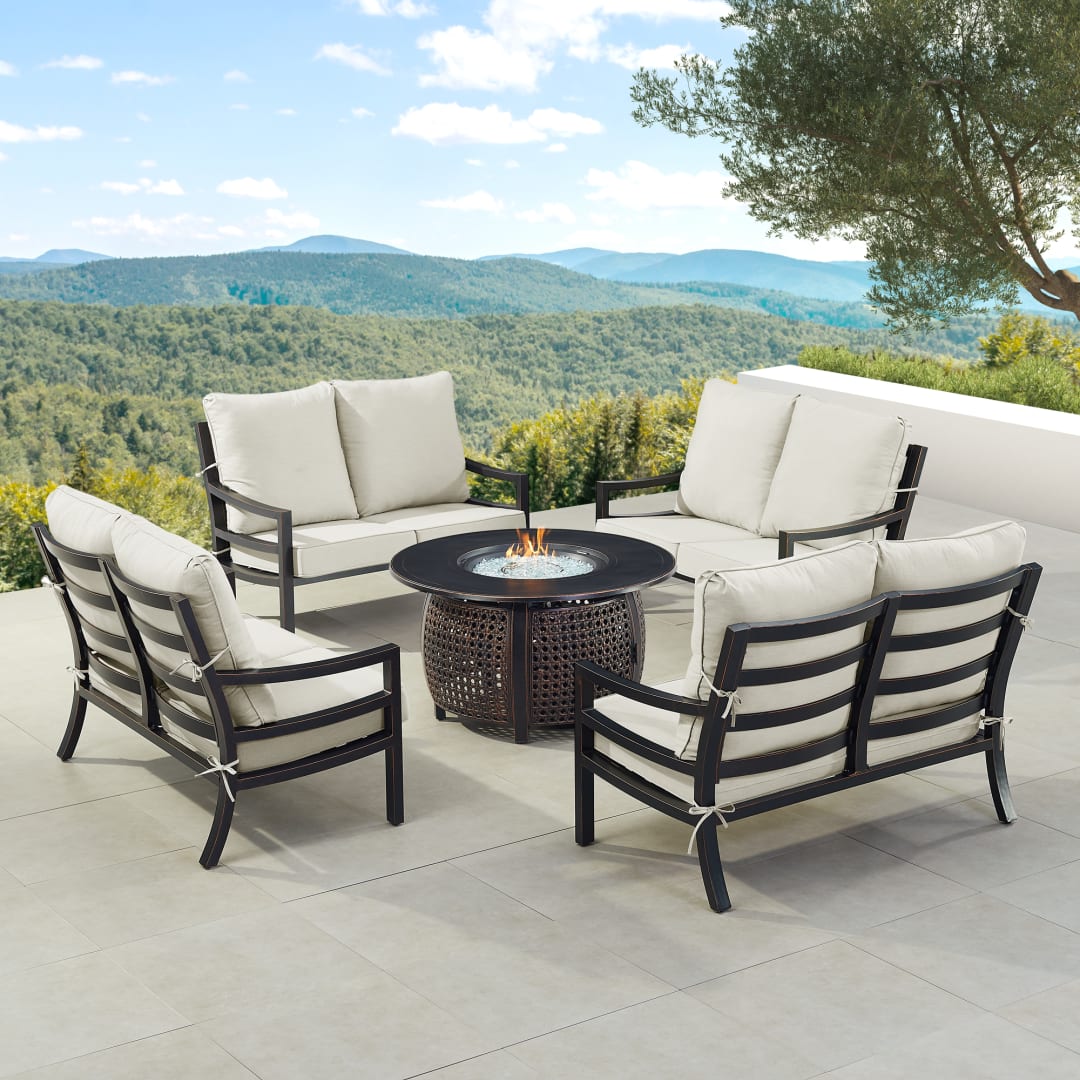 Black Aluminum Patio Fire Table Set with Four Deep Seating Loveseat with Cushions