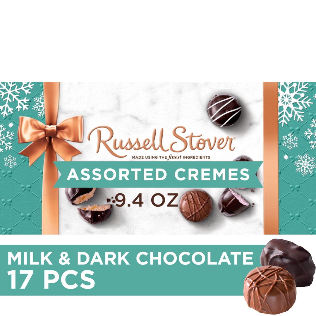 RUSSELL STOVER Christmas Assorted Crèmes in Milk & Dark Chocolate Candy Gift Box, 9.4 oz.