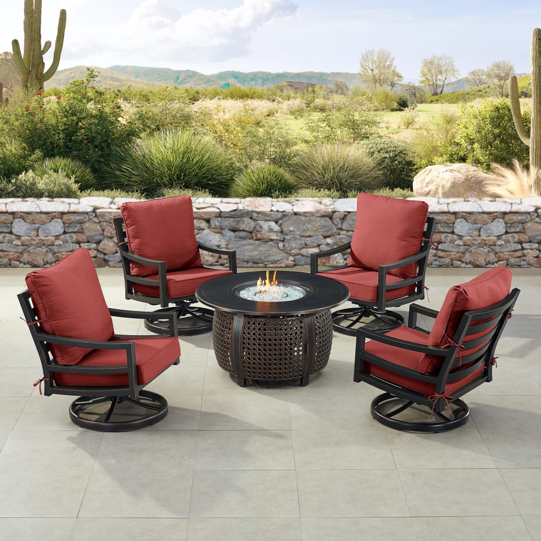 Black Aluminum Patio Fire Table Set with Four Club Chairs