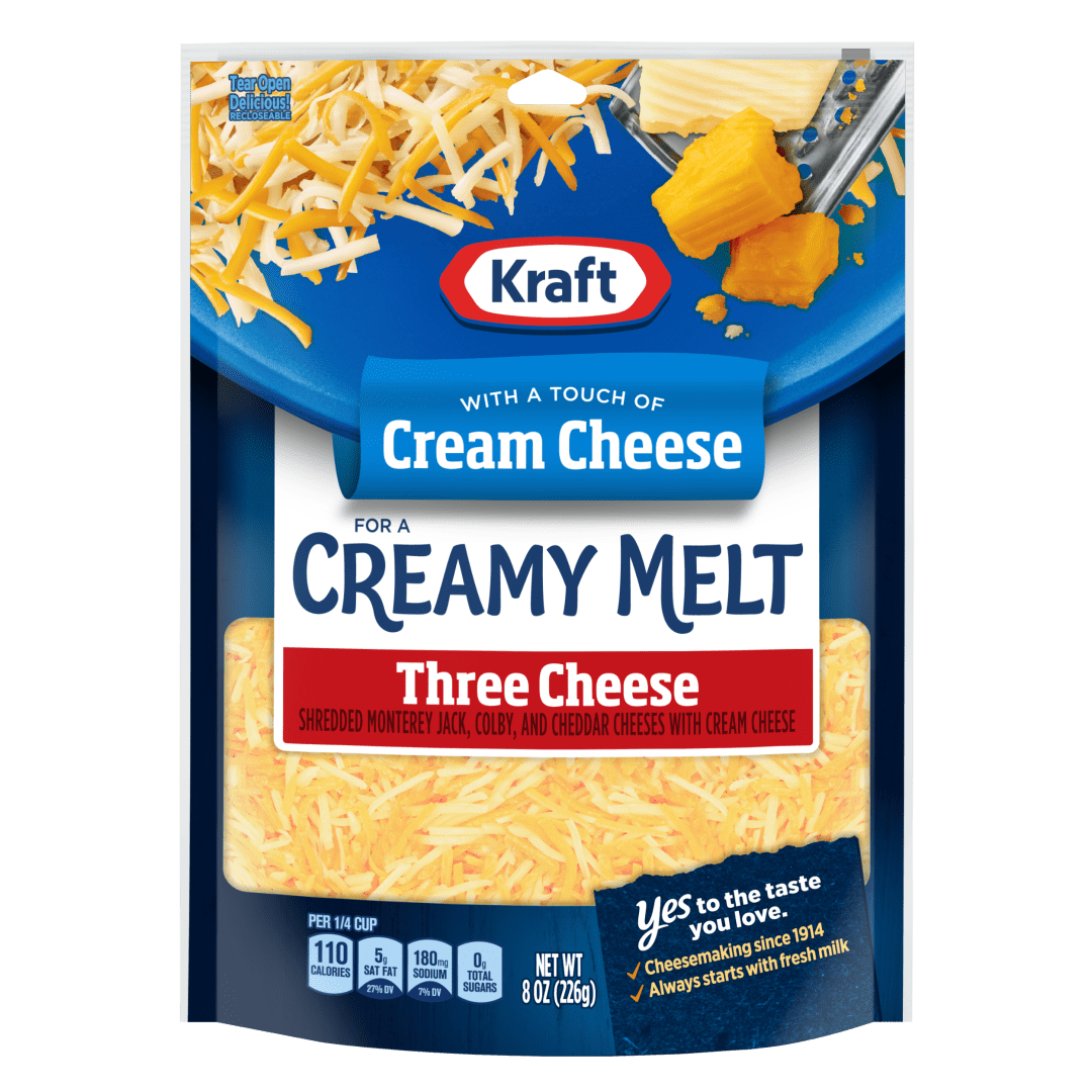Kraft Three Cheese Shredded Cheese With A Touch Of Cream Cheese for A Creamy Melt, 8 oz Bag