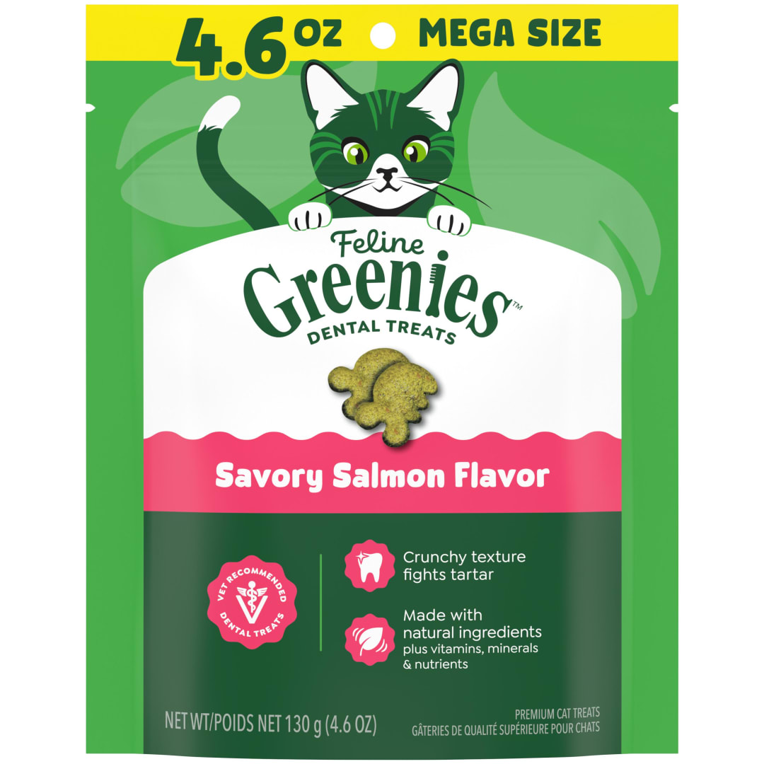 FELINE GREENIES Adult Natural Dental Care Cat Treats, Savory Salmon Flavor, 4.6 oz. Pouch