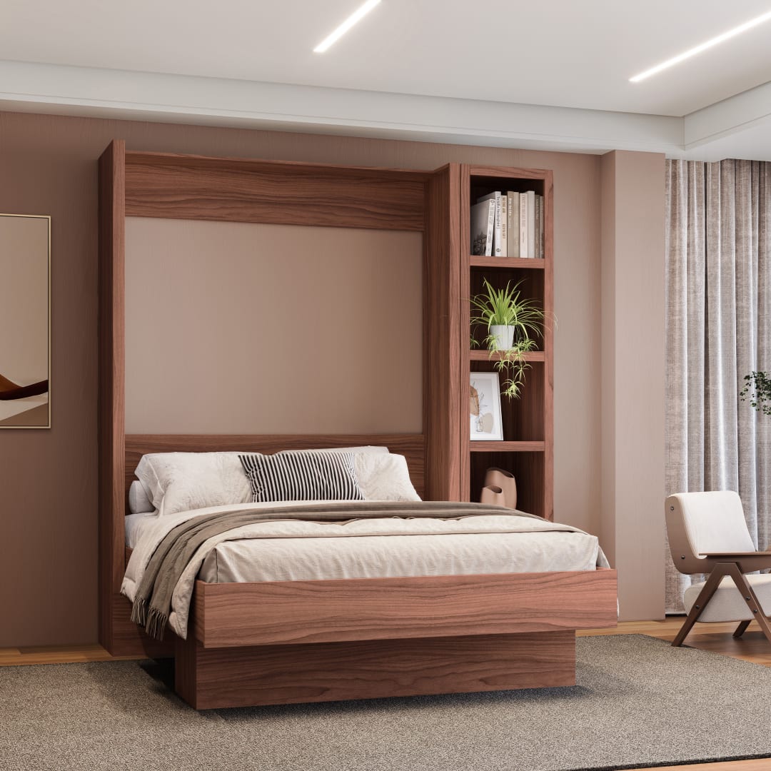 Easy-Lift Full Murphy Wall Bed in Natural Brown Wood Grain with Bookshelf