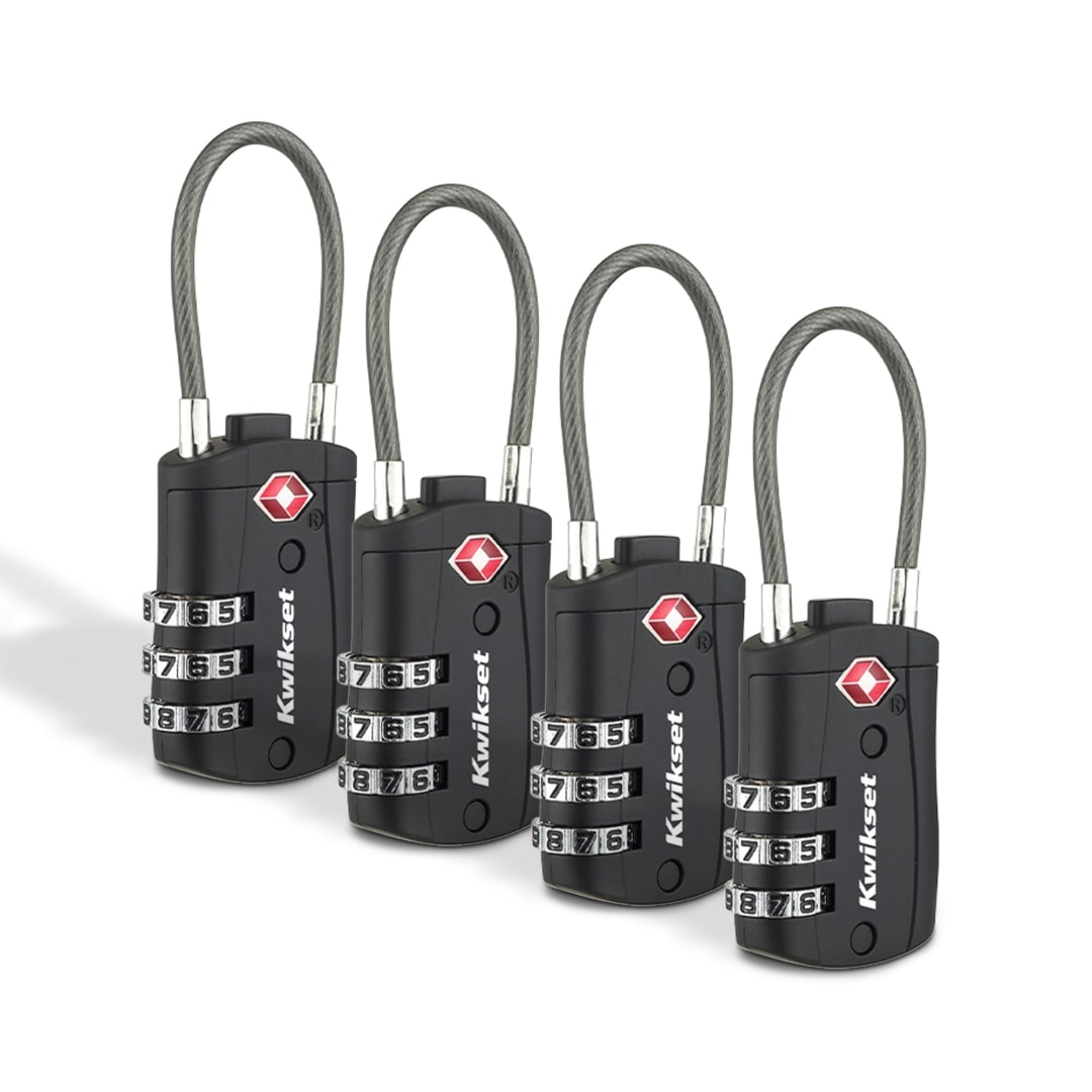 Kwikset TSA Approved Combination Luggage Lock with Cable, 3-Digit, 1-3/16 in Body, 4 Pack, Black