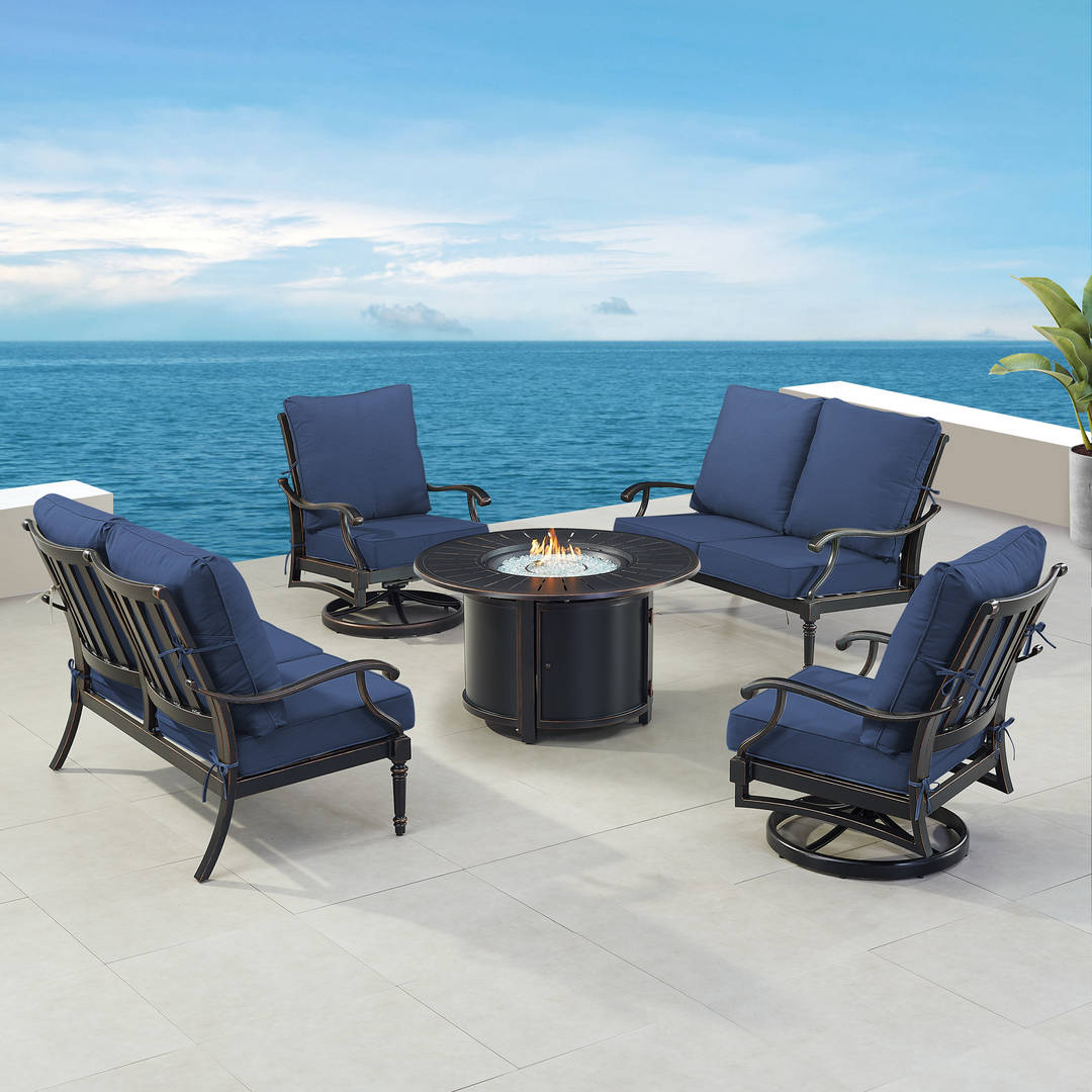 Black Aluminum Patio Fire Table Set with Two Deep Seating Loveseat with Cushions and Two Club Chairs