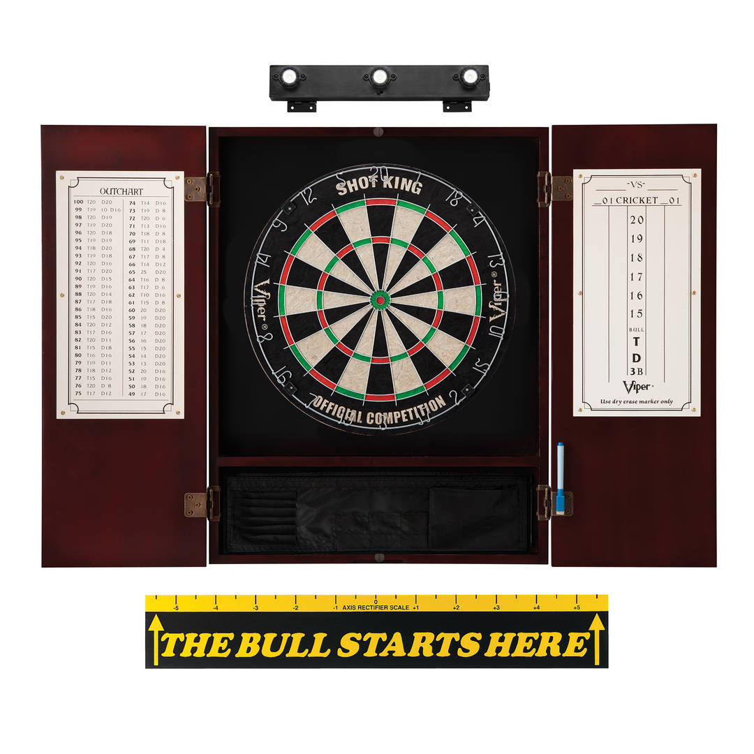 Viper Shot King Sisal Dartboard, Metropolitan Mahogany Cabinet, Shadow Buster Dartboard Lights & "The Bull Starts Here" Throw Line Marker
