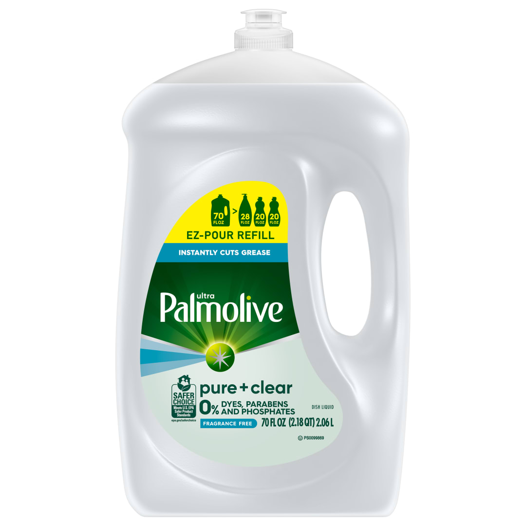 Palmolive Ultra Pure + Clear Liquid Dish Soap, Hypoallergenic Dye Free Soap, Instantly Cuts Through Grease, Fragrance Free, 70 fl oz Refill Bottle