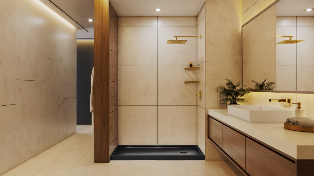 DreamLine SlimLine 36 inch D x 60 inch W x 2 3/4 inch H Single Threshold Black Alcove Shower Base with 2 inch Polished Brass Right Round Drain