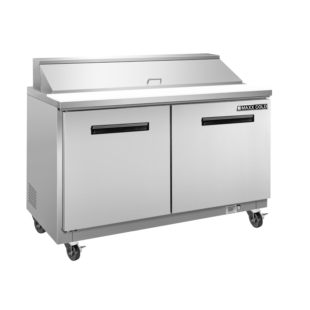 Maxx Cold Two-Door Refrigerated Sandwich and Salad Prep Station, 48.2"W, 12 cu. ft. Storage Capacity, Equipped with (12) 4" Deep Pans and Cutting Board, in Stainless Steel (MXCR48SHC)