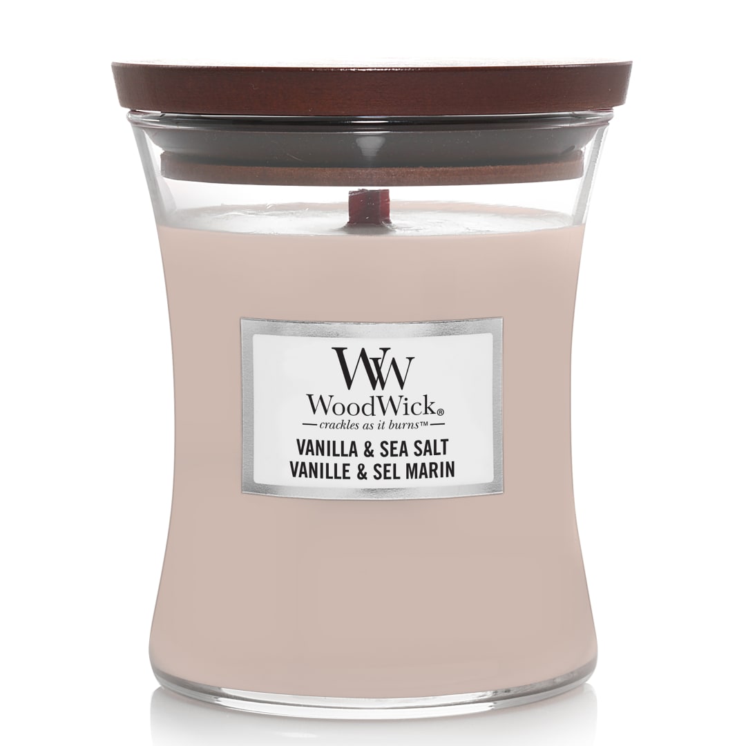 WoodWick Vela perfumada hourglass mediana | Vainilla y sal marina | con mecha crepitante | Tiempo de combustión: hasta 60 horas | Regalos perfectos para mujeres