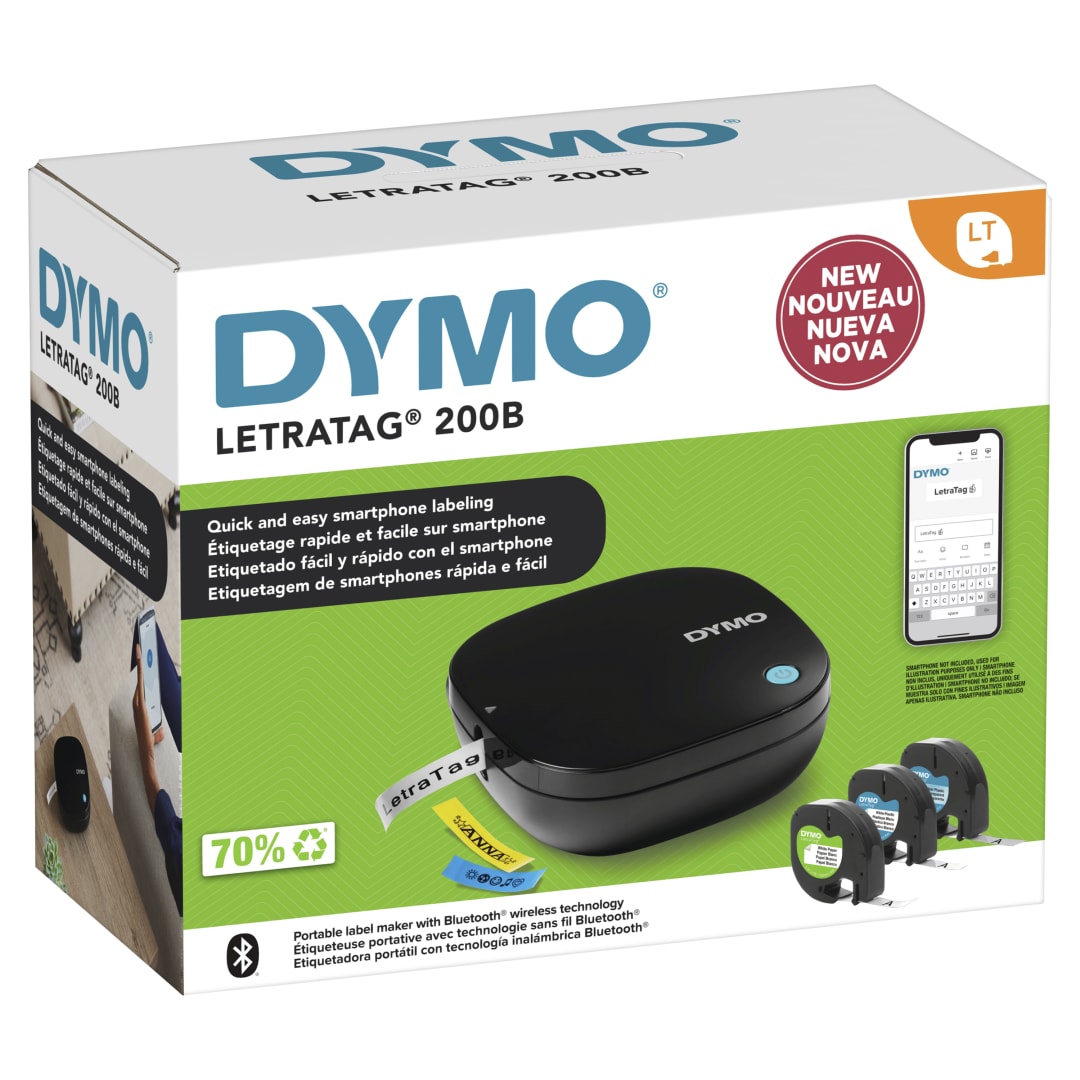 DYMO® LetraTag® 200B Bluetooth® Label Maker, Compact Label Printer, Connects Through Bluetooth Wireless Technology to iOS and Android, Includes 3 Assorted Label Tapes