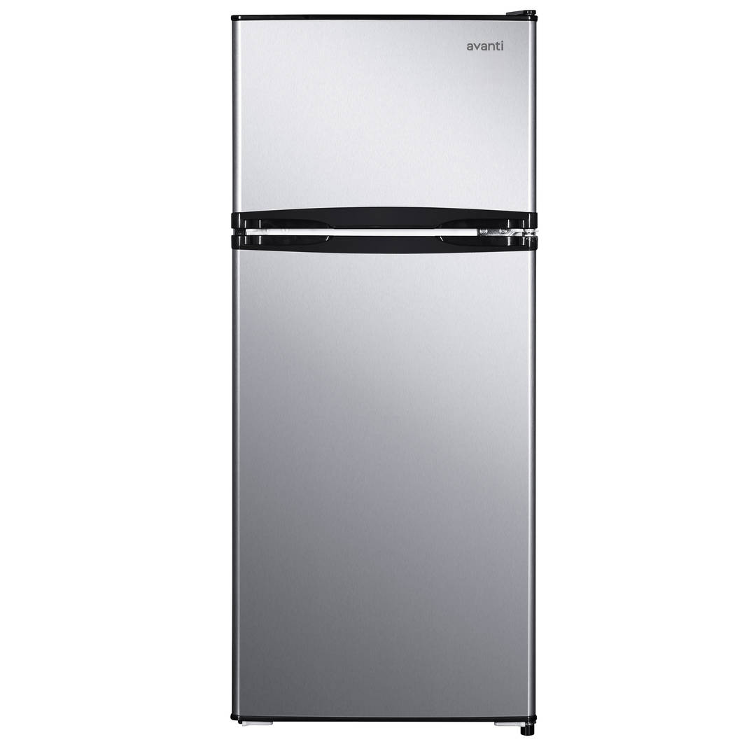 Avanti Compact Refrigerator, 4.5 cu. ft. Capacity, Two-Door Design, Stainless Steel with Black Cabinet, ENERGY STAR Certified, Flexible Storage, Model RA45B3S