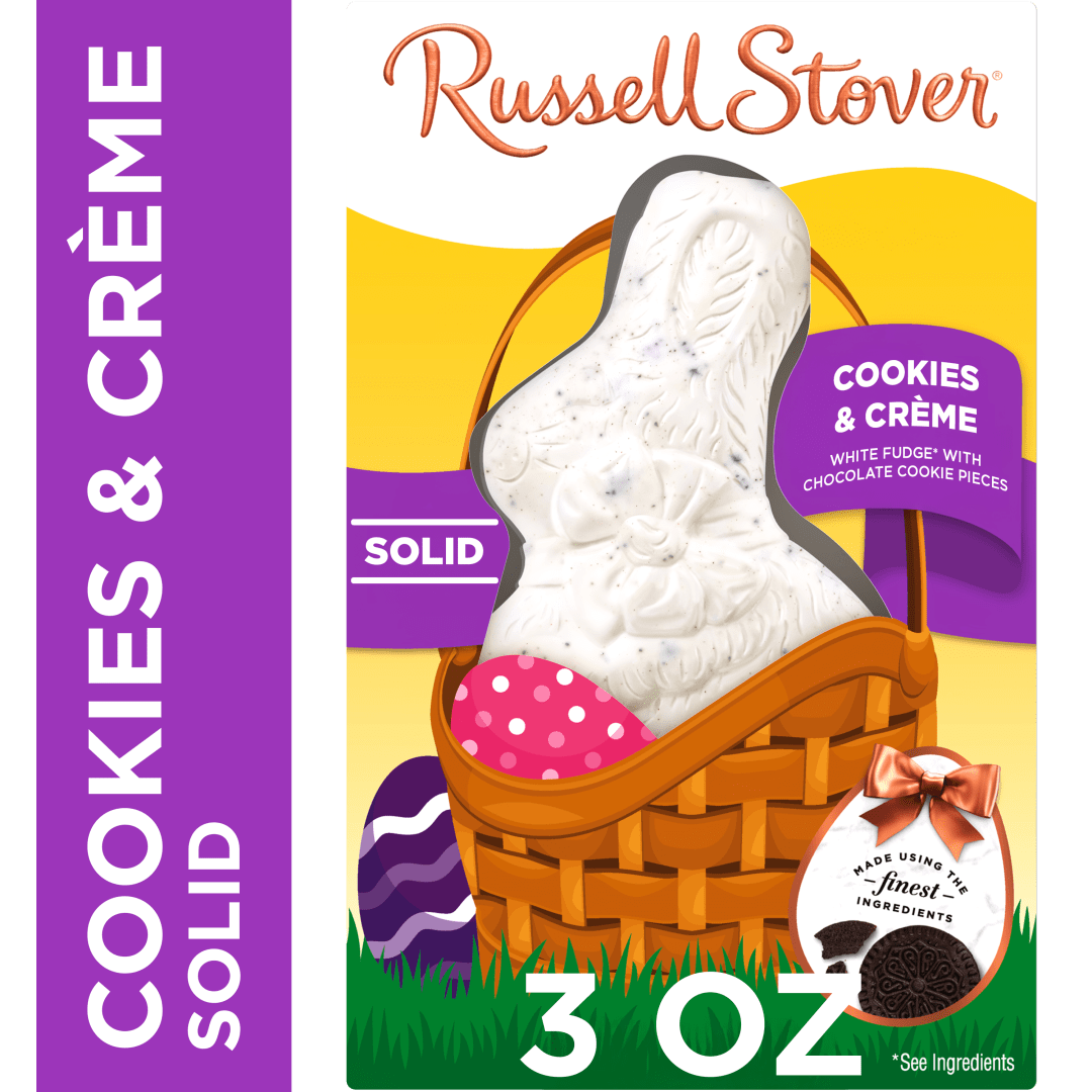 RUSSELL STOVER Easter Bunny Cookies & Crème Solid White Fudge Chocolate Candy Rabbit, 3 oz.