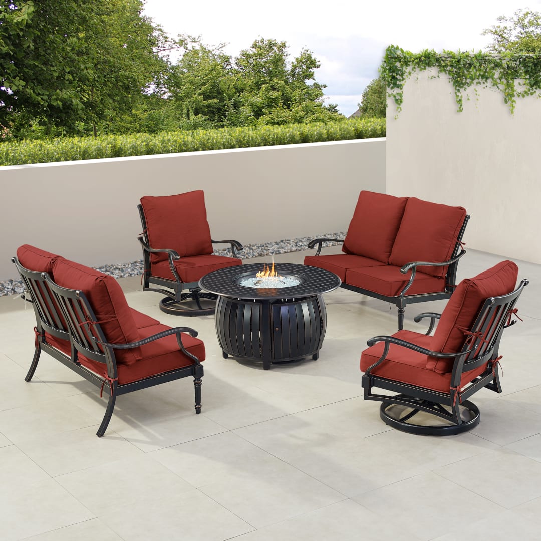 Black Aluminum Patio Fire Table Set with Two Deep Seating Loveseat with Cushions and Two Club Chairs