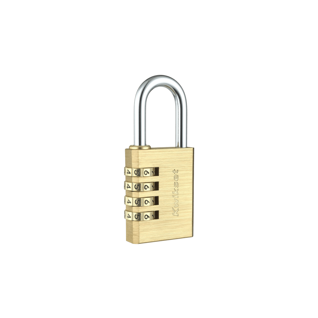 Kwikset Brass Combination Padlock, 4-Digit, 1-1/2 in Body, 1-3/16 in Shackle, 1 Pack
