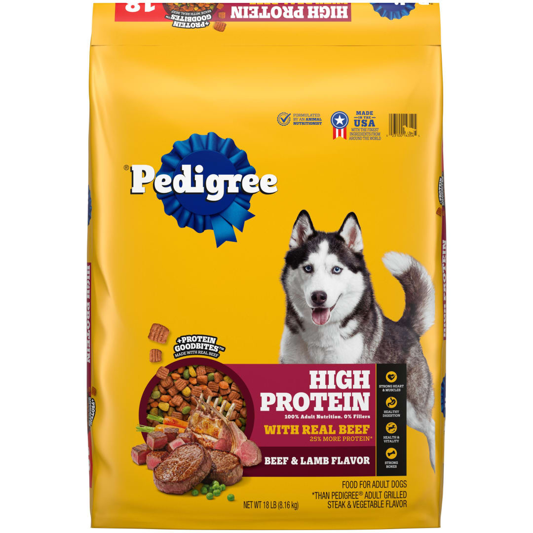 Pedigree High Protein Adult, Beef and Lamb Flavor Dry Dog Food, 18 lb Bag