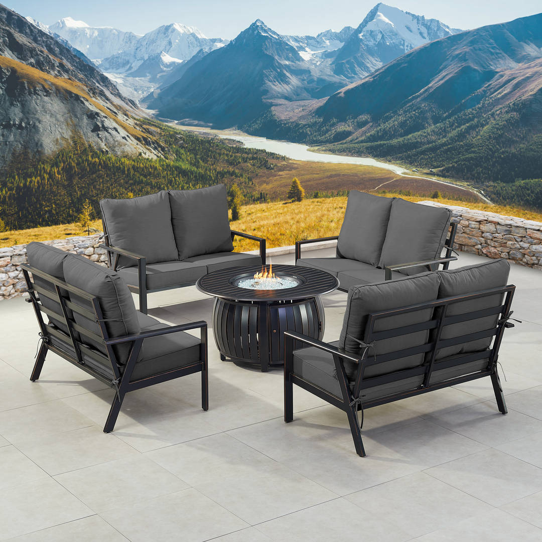 Black Aluminum Patio Fire Table Set with Four Deep Seating Loveseats with Cushions