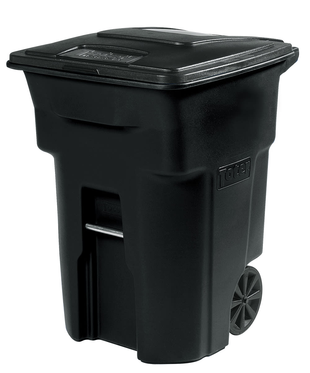 96 Gal. Black Trash Can with Wheels and Attached Lid