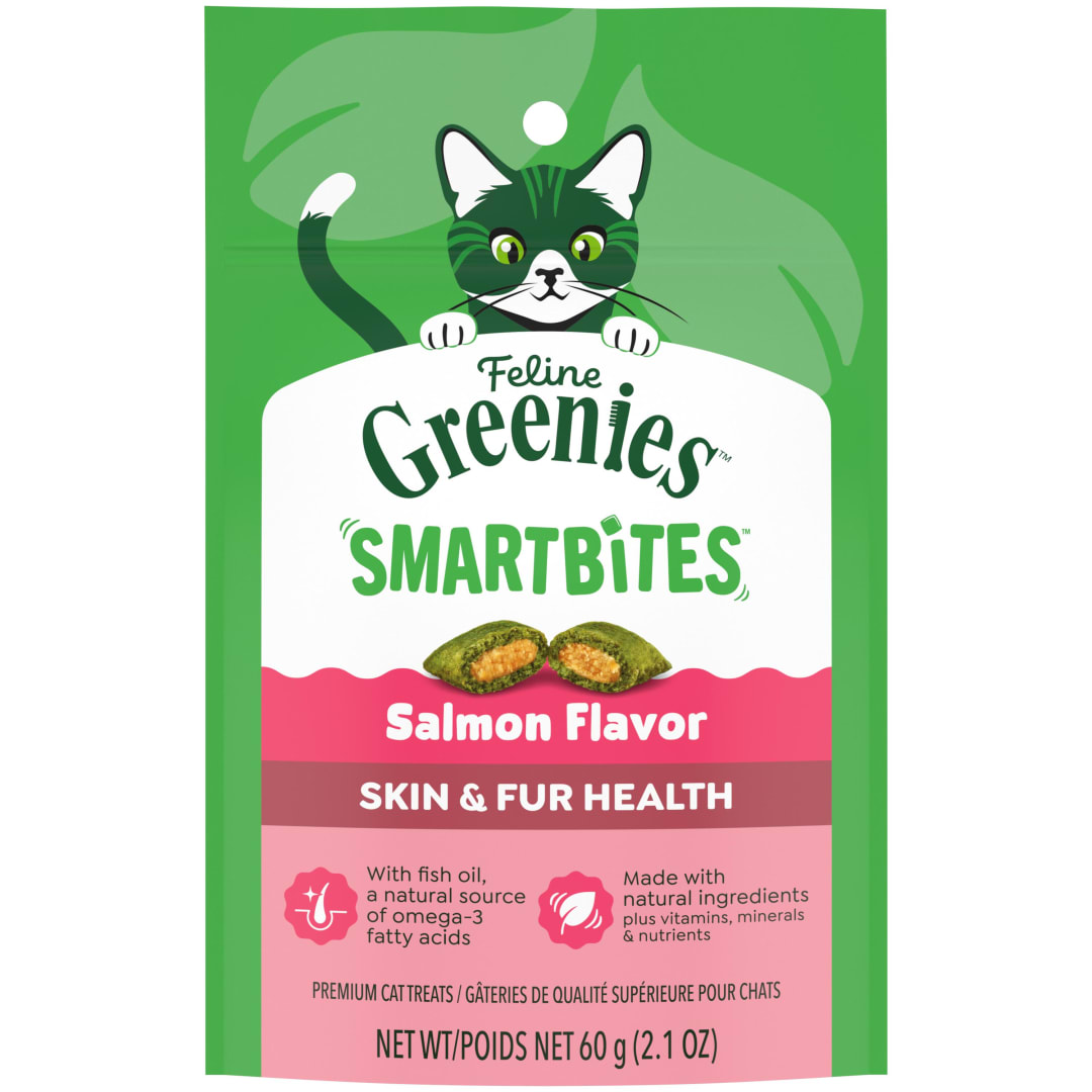 FELINE GREENIES SMARTBITES Skin & Fur  Crunchy and Soft Natural Cat Treats, Salmon Flavor, 2.1 oz. Pack