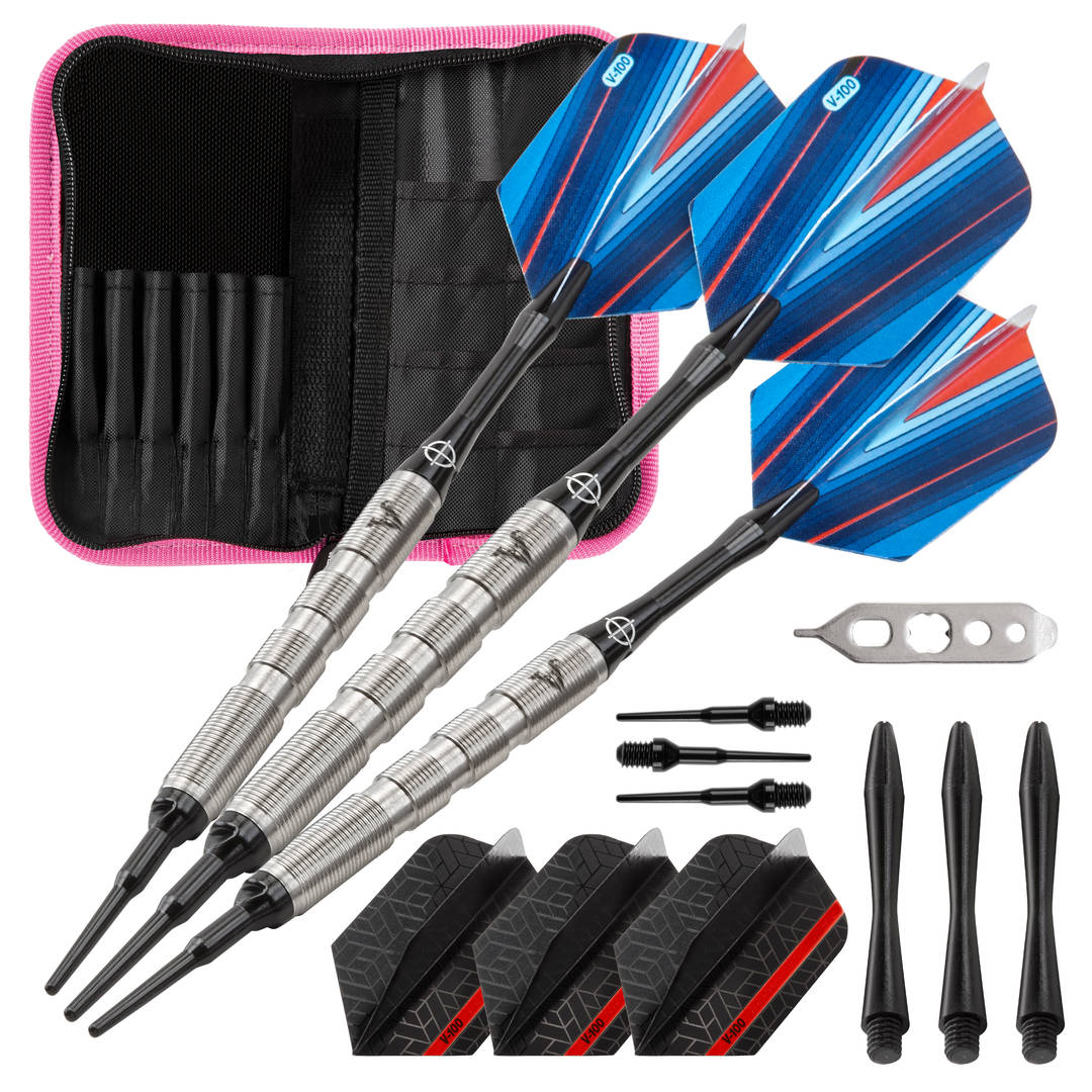 Viper Sidewinder Tungsten Soft Tip Darts Ringed Barrel 18 Grams and Casemaster Deluxe Pink Nylon Dart Case