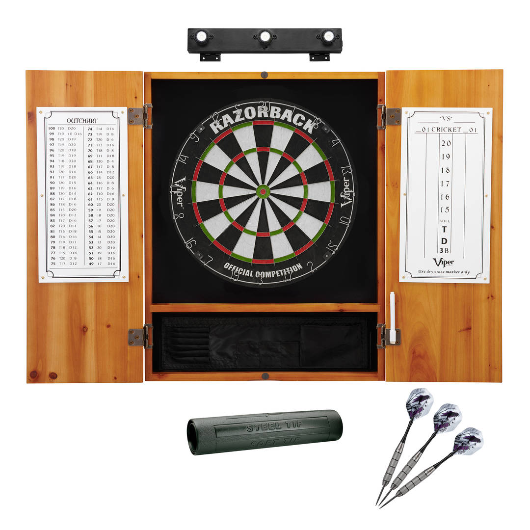 Viper Razorback Sisal Dartboard, Metropolitan Oak Cabinet, Shadow Buster Dartboard Lights & Padded Dart Mat