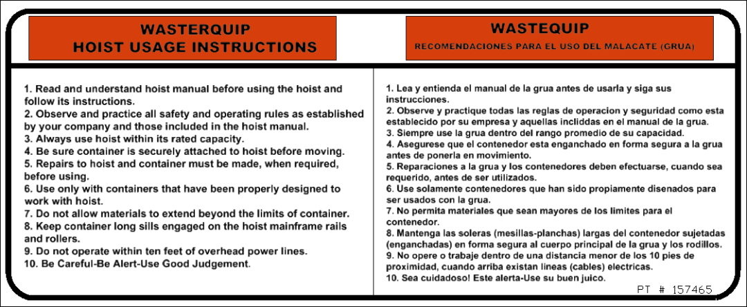 Galbreath™ Wastequip Hoist Use Instruction Decal