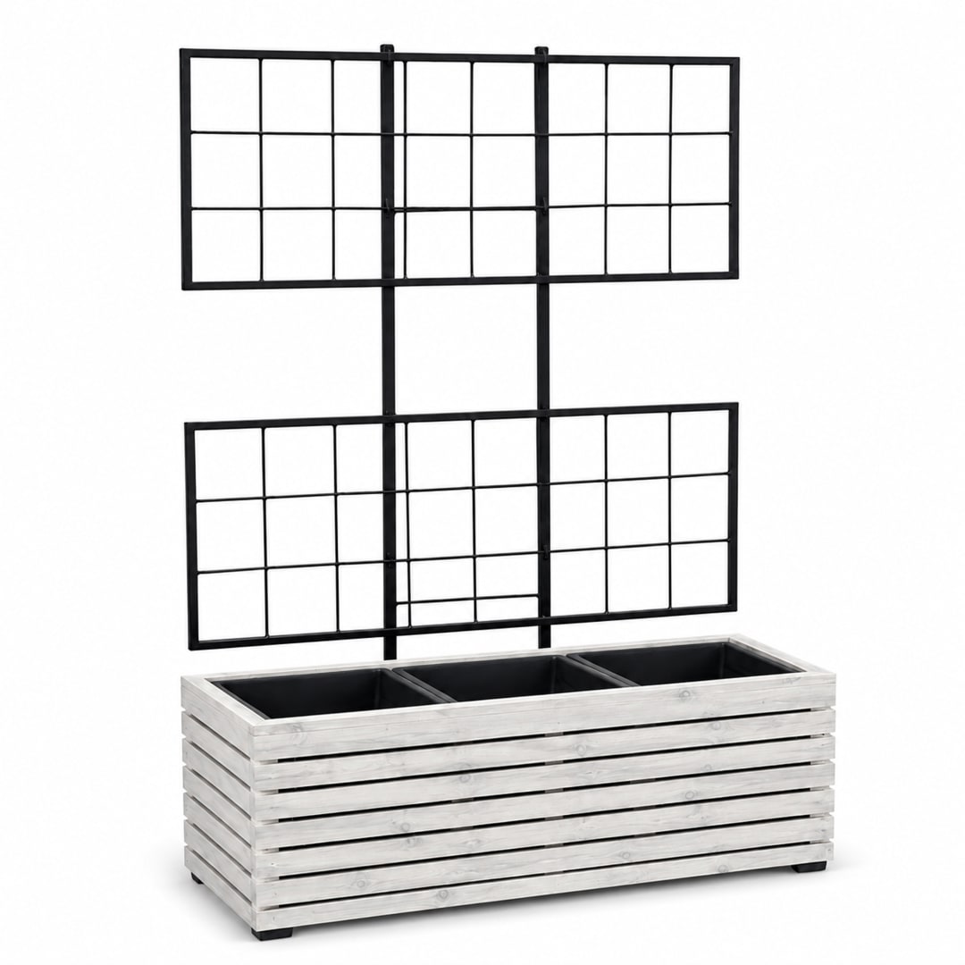 Modern Indoor/Outdoor 31.89 in. White Acacia Wood Wide Raised Planter Box with Trellis