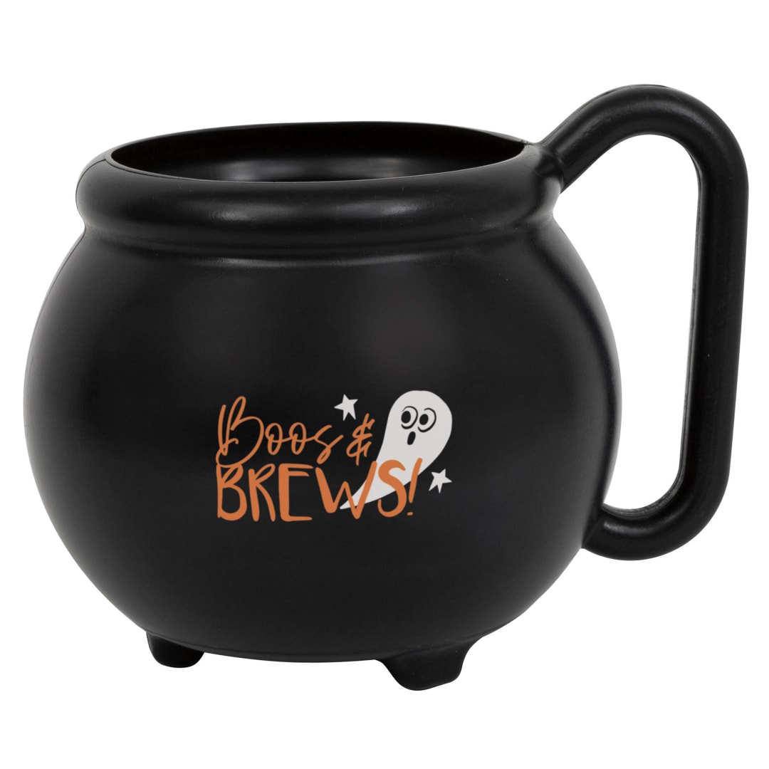 Bats &amp; Boos Halloween "Boos and Brews" Cauldron Shaped 15oz Plastic Mug