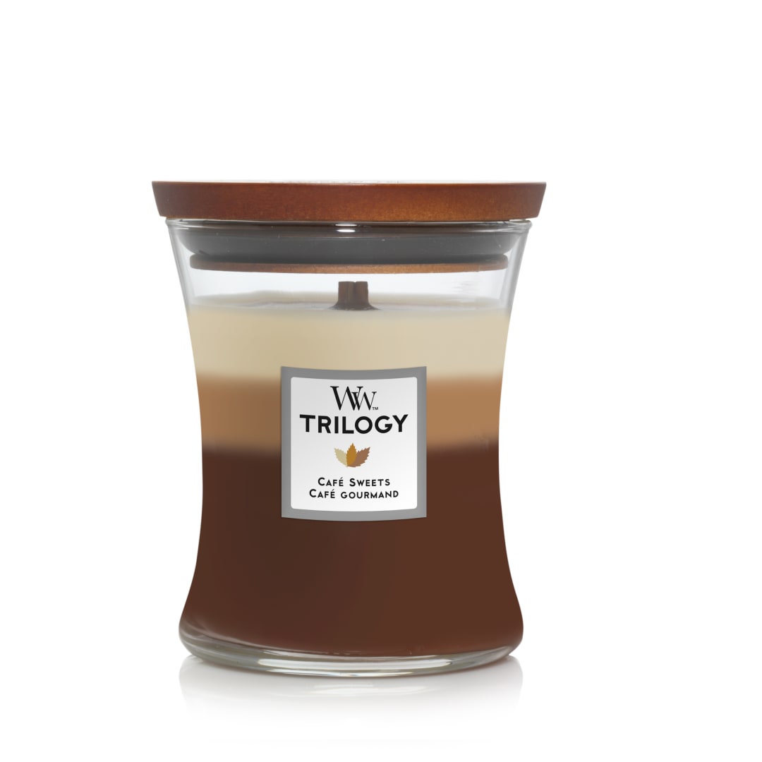 WoodWick Trilogy vela perfumada mediana en forma de reloj de arena con Pluswick Innovation | Dulces para el café