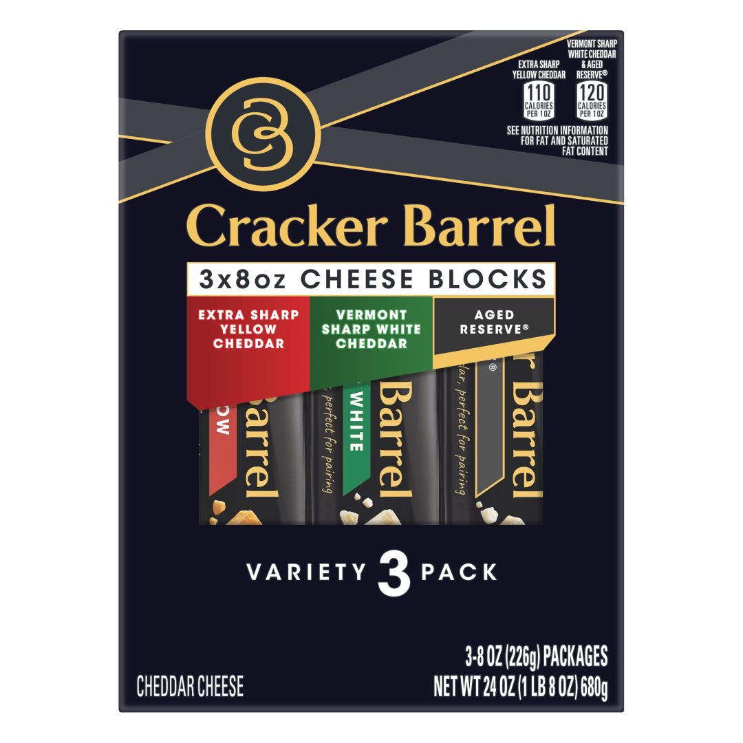 Cracker Barrel Extra Sharp Yellow Cheddar, Vermont Sharp White Cheddar & Aged Reserve Cheddar Cheese Variety Pack, 3 ct Box, 8 oz Blocks