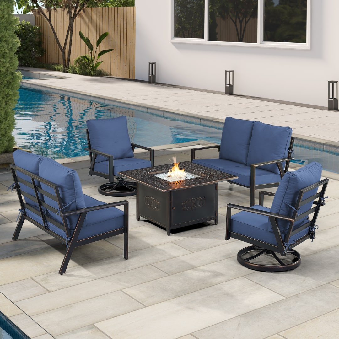 Black Aluminum Patio Fire Table Set with Two Deep Seating Loveseat with Cushions and Two Club Chairs