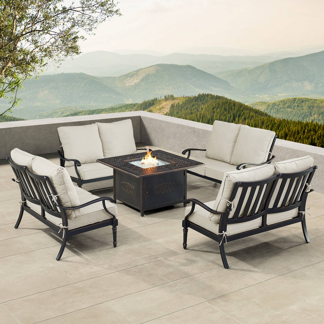 Black Aluminum Patio Fire Table Set with Four Deep Seating Loveseat with Cushions